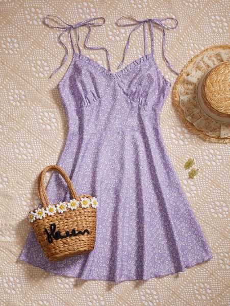 

ditsy floral knot shoulder cami dress 24bm#, Black;gray