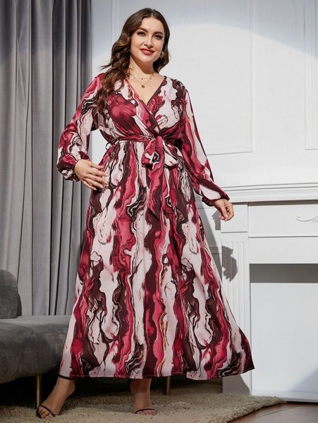 

plus marble print lantern sleeve overlap collar belted dress s8gv#, Black