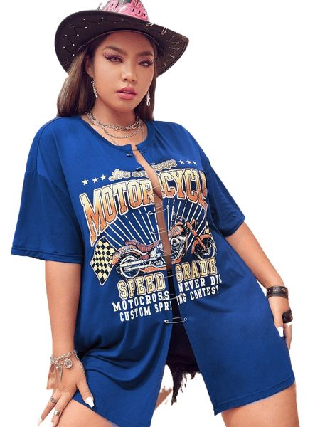 

plus pin detail motorcycle and slogan graphic drop shoulder tee j8a9#, Black