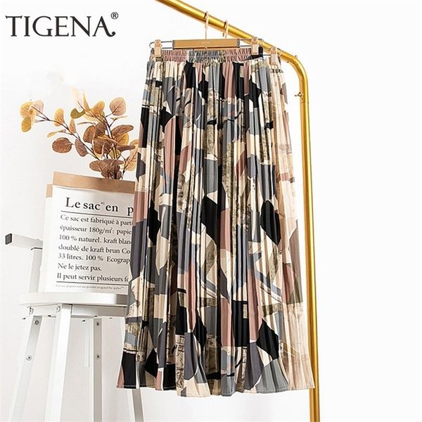 Tigena vintage Salia plissada longa feminina f￩rias de ver￣o lindo impress￣o colorida chiffon High cintura maxi saia feminina 210311