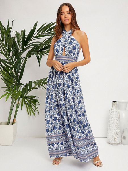 

allover floral crisscross tie backless halter dress f2mw#, Black;gray