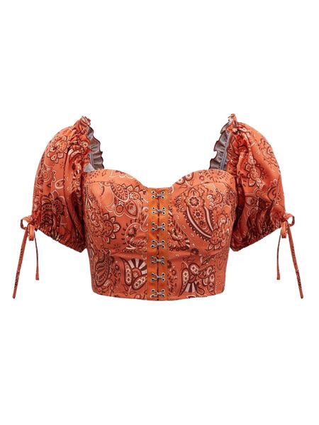 

sweetheart floral print frill trim hook and eye knot detail crop b1mk#, White