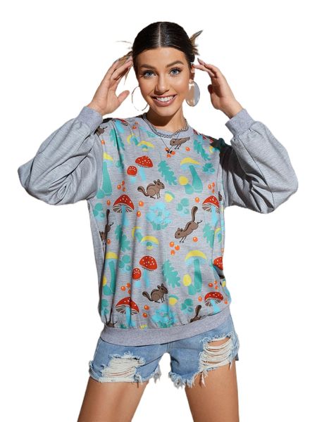 

x saramiel art mushroom & cartoon graphic drop shoulder pullover h7uj#, Black