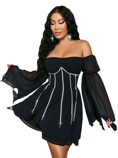 

glamaker off shoulder rhinestone detail gathered sleeve dress p27z#, Black;gray