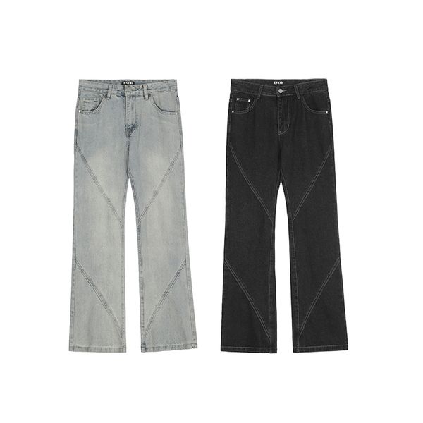 

high street front striped black blue mens jeans retro straight solid color couple denim trousers loose oversize jean pants, Black;brown