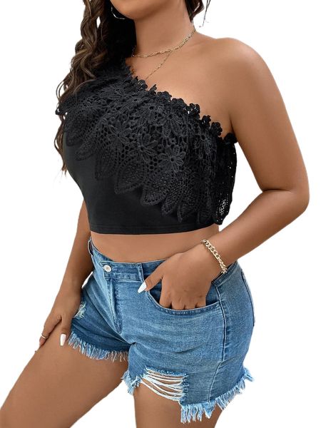 

plus guipure lace one shoulder crop f61j#, Black