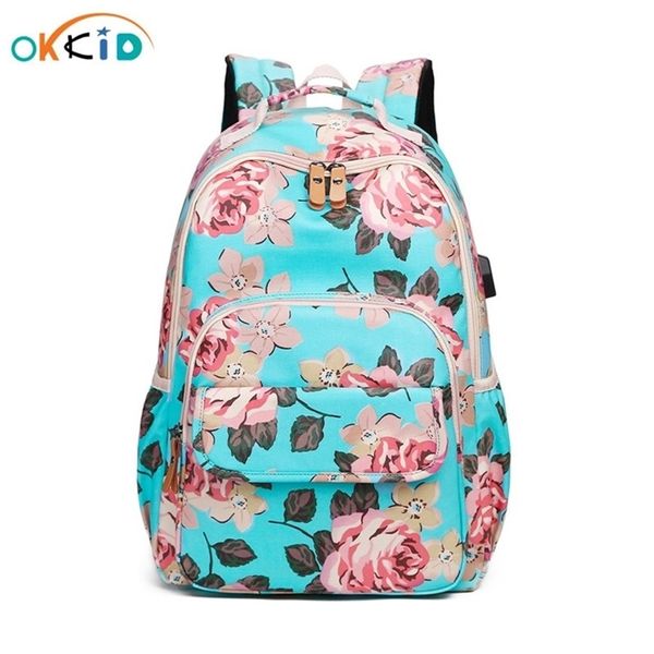 Okkid Kids Kids Pink Flor Backpack Sacos de Escola Floral para meninas adolescentes Bolsa de livros fofos para crianças Backpack da escola LJ201225