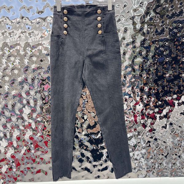 

brand women jeans creative button designer jeans grey slim girls denim pants seasons pant, Blue