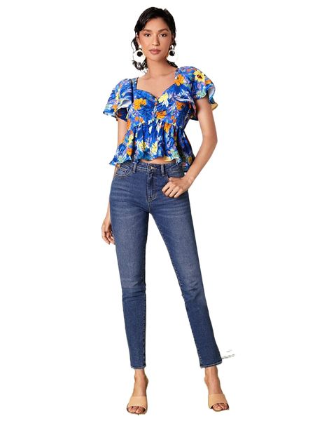 

floral print sweetheart neck flutter sleeve peplum blouse 78tn#, White