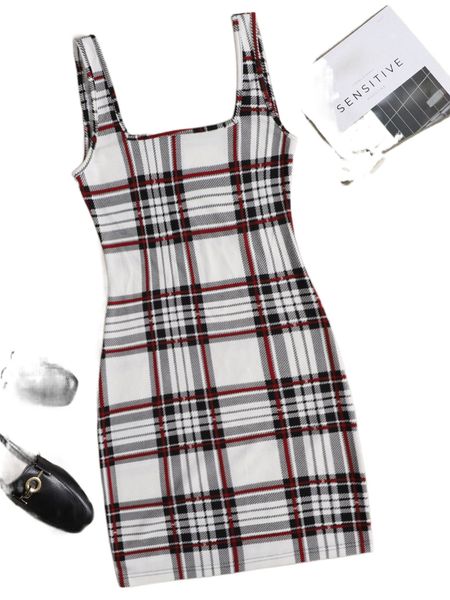 

double square neck plaid bodycon dress r4gk#, Black;gray
