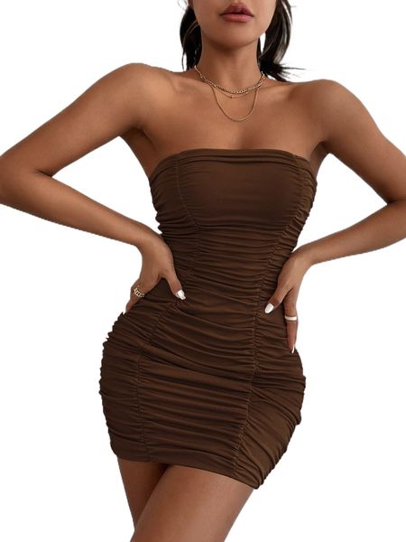

solid ruched tube dress p0e6#, Black;gray