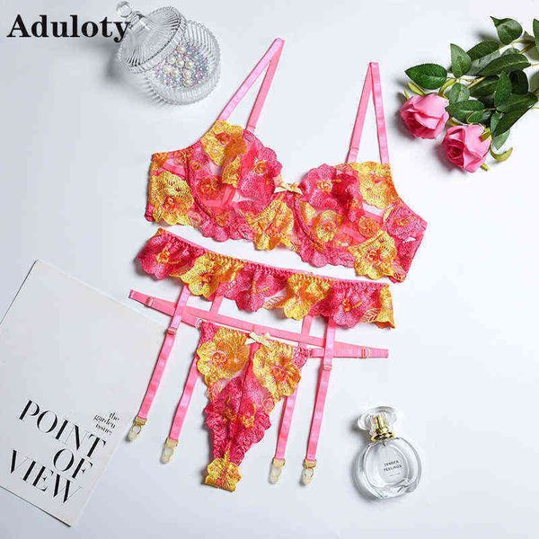 

nxy set perspective erotic lingerie embroidered gauze yellow floral pattern women underwear steel ring gathered three piece 0216, Red;black