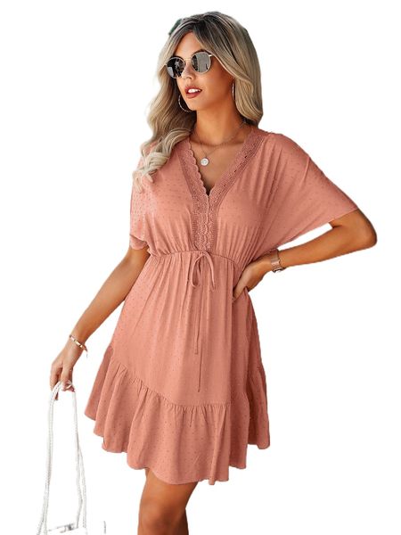 

swiss dot lace detail tie front dolman sleeve ruffle hem dress l4za#, Black;gray