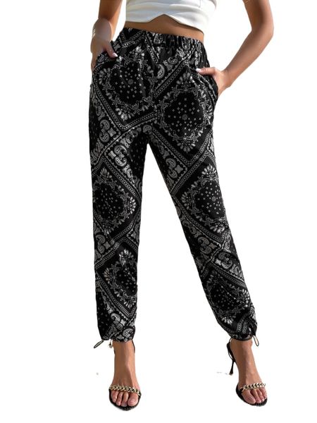 

paisley print drawstring hem pants x6oq#, Black;white