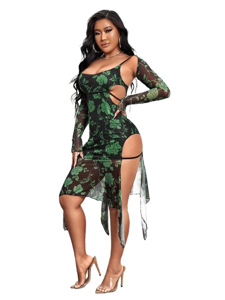 

floral print cut out asymmetrical hem mesh bodycon dress h9at#, Black;gray