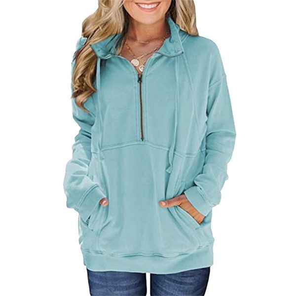 

autumn winter fashion style kangaroo pocket half zipper long-sleeved solid color casual all-match sweater blouse#1042 lj201130, Black