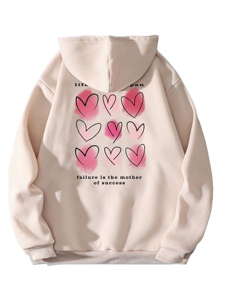

heart & slogan graphic kangaroo pocket drawstring thermal hoodie a38v#, Black