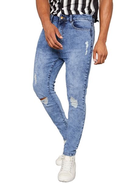 

men cut out ripped frayed skinny jeans f523#, Blue