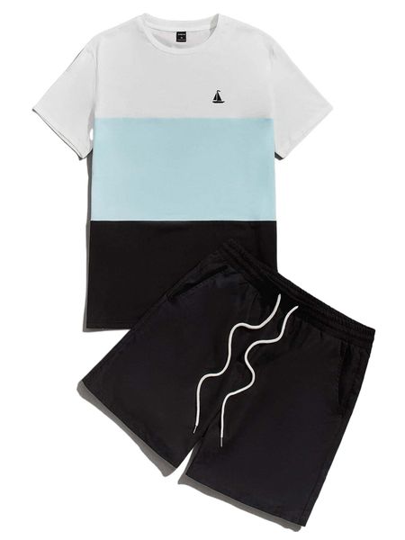 

men sailboat print colorblock tee & shorts c8q1#, Gray