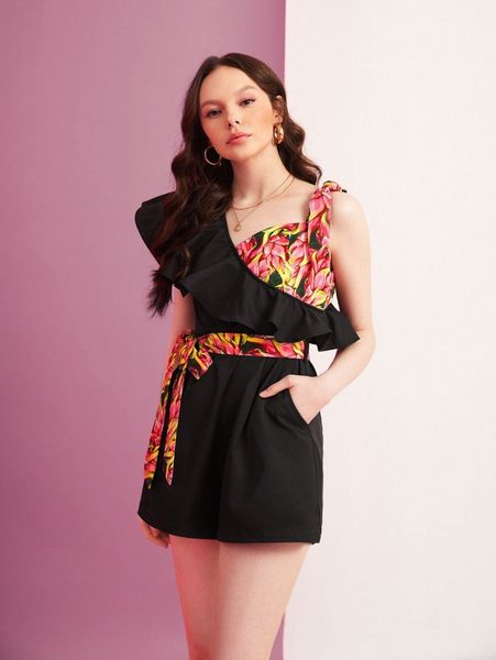 

x elle rebel floral print ruffle detail belted romper x8ft#, Black;white