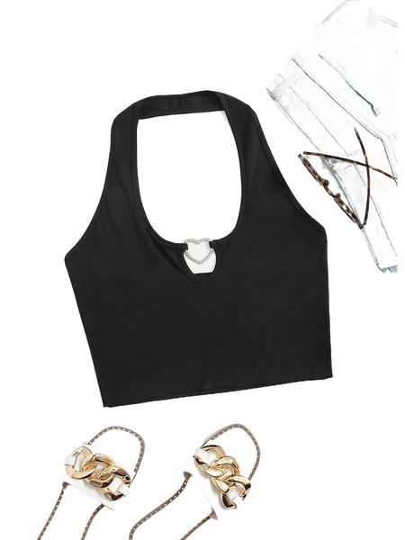 

plus rhinestone heart ring linked halter u1jb#, Black
