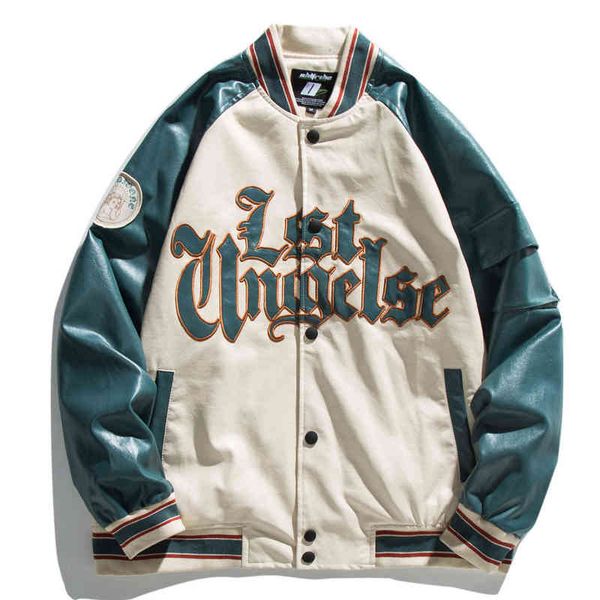 

pu leather baseball jacket men hit color embroidery patchwork pocket bomber coats spring loose harajuku outerwear streetwear t220728, Black;brown
