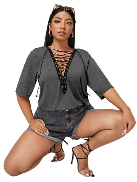 

plus solid lace up tee d17r#, Black
