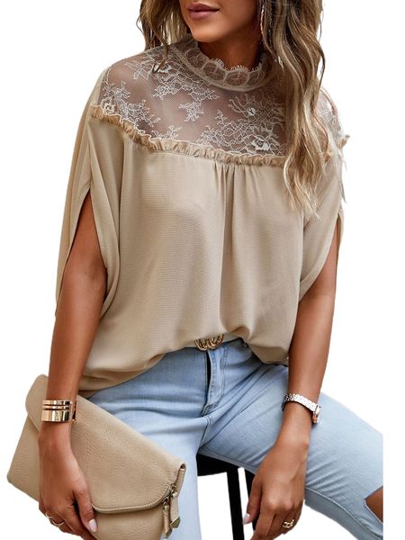 

contrast lace panel batwing sleeve blouse t6fo#, White