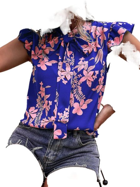 

floral print tie neck blouse n598#, White