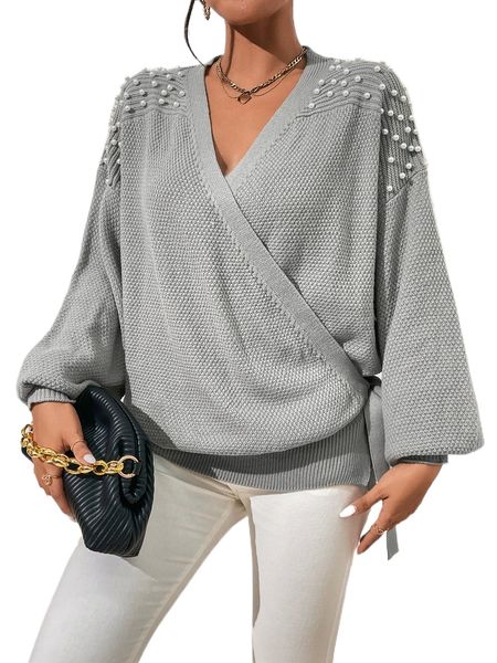

wrap tie side faux pearl drop shoulder cardigan c24o#, White;black
