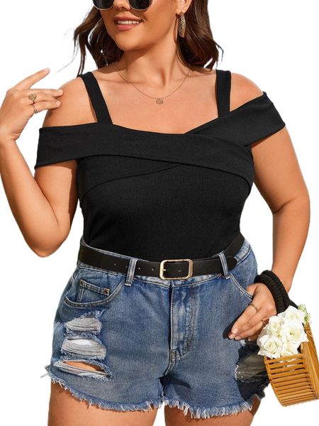 

plus criss cross cold shoulder tee p8pd#, Black