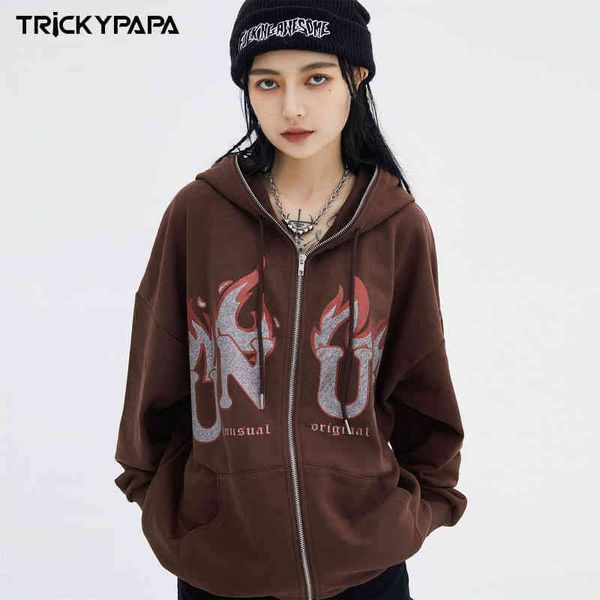

tkpa national tide high street style flame printing used washed terry hooded cardigan sweater men's loose ins coat, Black