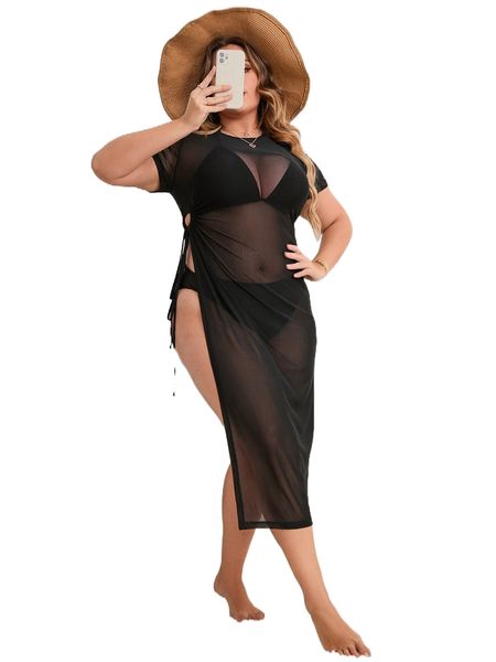 

plus knot side high split mesh cover up without bikini o7ay#, Black