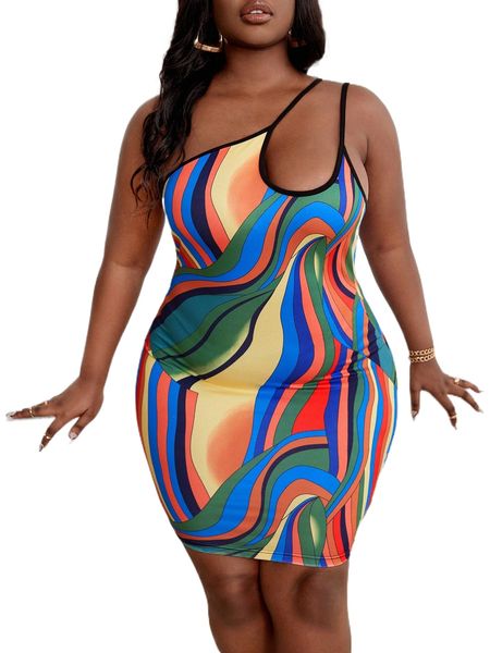 

sxy plus allover print one shoulder contrast binding bodycon dress c8n8#, Black