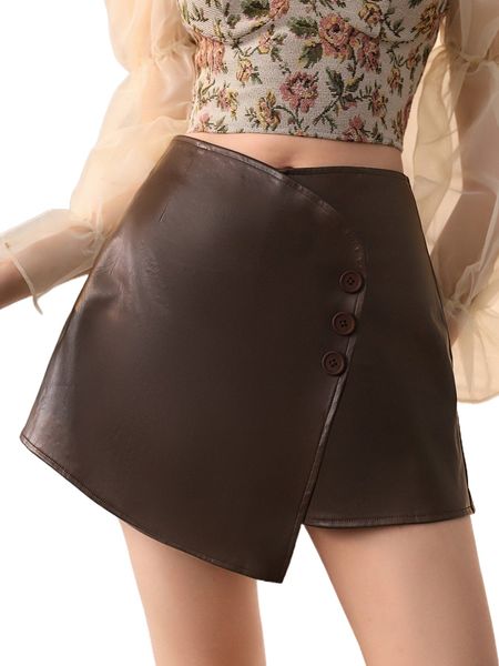 

mod button front asymmetrical hem pu leather skort b8fd#, White;black