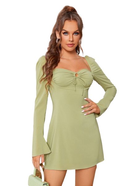 

parthea tie back drawstring ruched detail dress v6fd#, Black;gray