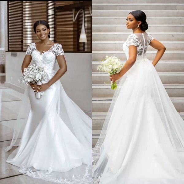 2022 Скромное с коротким рукавом свадебное платье Vestidos de Novia Floral Lace Women Swardal платья для невесты с хвостом B051626