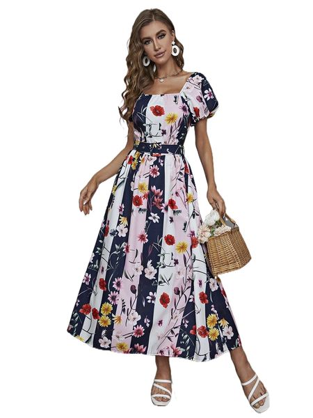 

floral print puff sleeve belted dress 32q4#, Black;gray