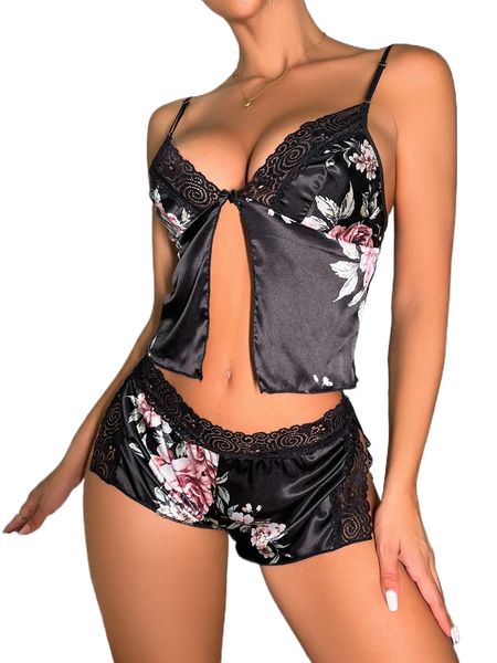 

floral print contrast lace satin lingerie set x94r#, Black;red