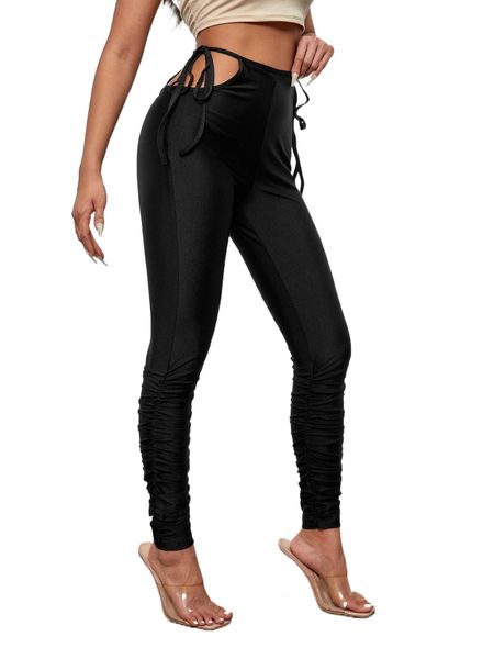 

cut out waist ruched skinny pants y2gn#, Black;white