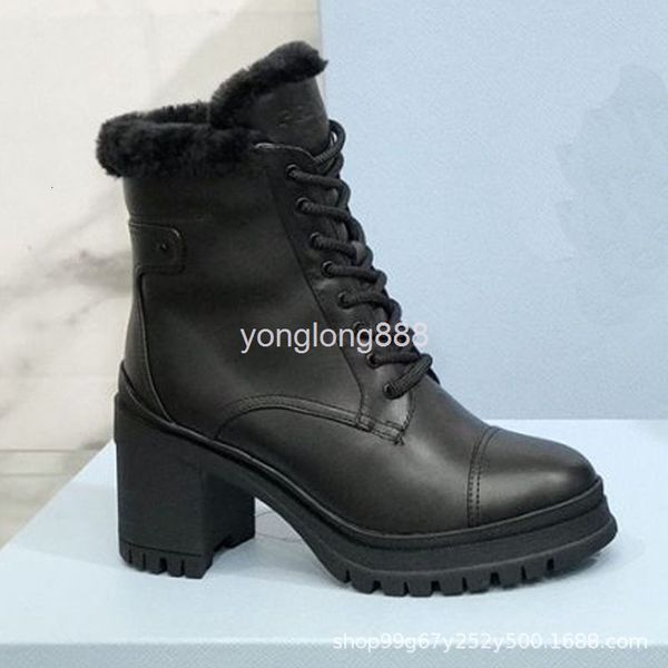 

boots like warm autumn and winter thick heel full leather bandage wool lining short boots, Black