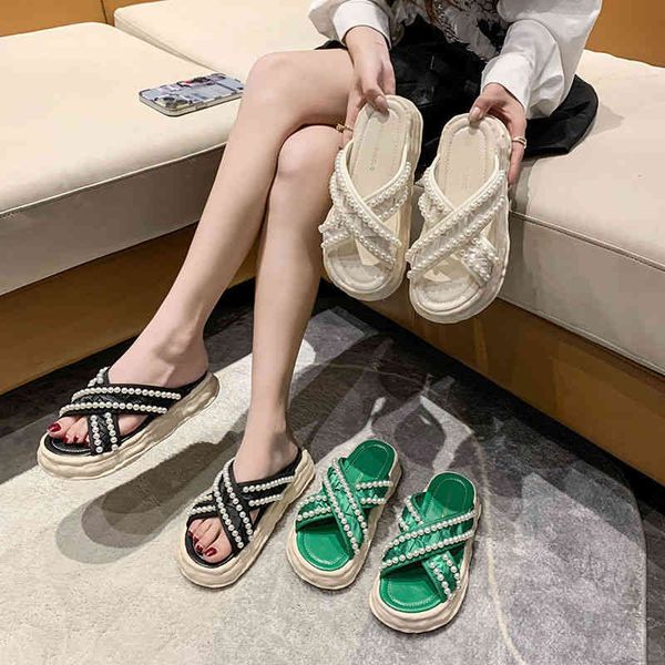 

sandals fairy style summer wear new cross pearl tide thick soled 2022 brand luxury fashion design ladies slippers, Black