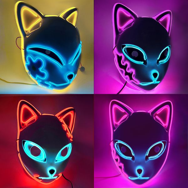 2022 LED Parlayan Kedi Yüz Maskesi Serin Cosplay Neon Demon Slayer Tilki Maskeleri Doğum Günü Hediyesi Karnaval Parti Masquerade Cadılar Bayramı