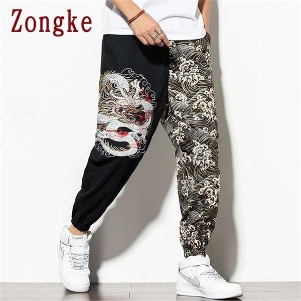 

zongke autumn dragon embroidery harem pants men joggers men's pants korean streetwear men's casual pants hip hop m-5xl 201126, Black