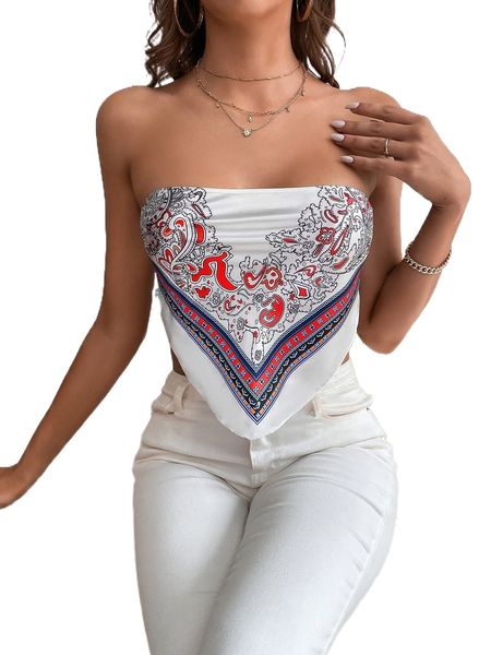 

tall scarf print tie back bandana crop satin tube 51dd#, White