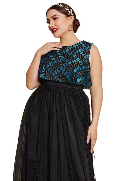 

plus graphic pattern mesh overlay dress w2st#, Black