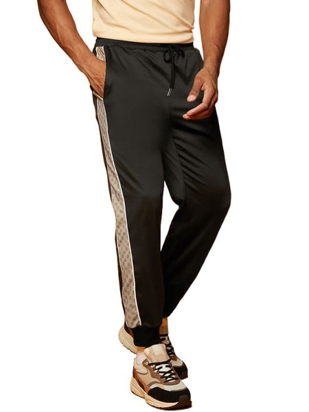 

men graphic print side seam drawstring waist sweatpants 093c#, Black