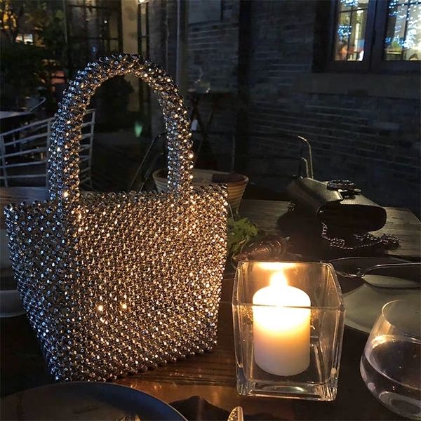 

pearl bucket bags summer handmade beach ladies bags handbag fashion silver bead cute s and handbags for women 220525