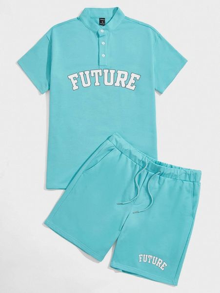 

men letter graphic polo shirt & drawstring waist shorts d8nx#, Gray