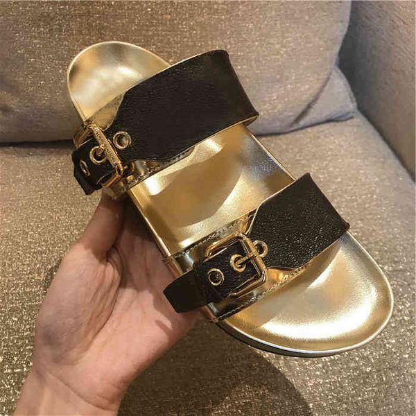 

2023 summer brand luxury women's beach cartoon head slippers simple classic leather flat buckle sandals l bath platform men's slid, Black